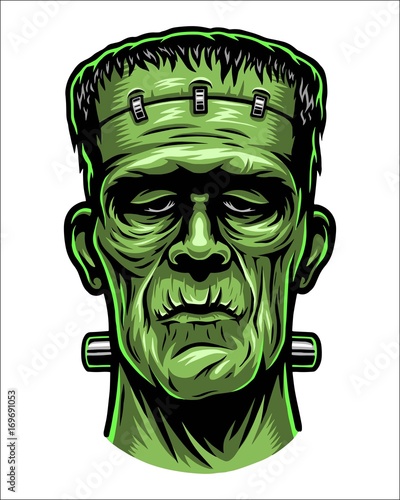 Color illustration of Frankenstein head. Isolated on white background. Halloween theme