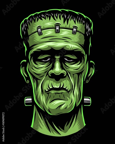 Color illustration of Frankenstein head. Isolated on black background. Halloween theme