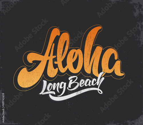 Aloha surfing lettering. Vector calligraphy illustration. Tropical t-shirt graphics.