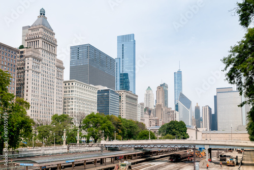 Chicago Downtown skyline with railroad yard under bridge.