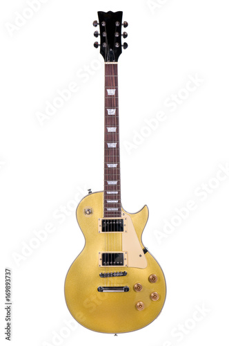 Gold colored guitar white background