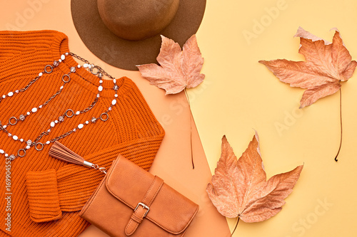 Autumn Arrives. Fashion Lady Clothes Set. Trendy Cozy Knit Jumper. Fashion Stylish Handbag Clutch, Vintage Hat. Fall Leaves.Vanilla Pastel colors.