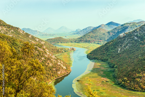 Canyon Crnojevica river near the Skadar lake coast. One of the most famous views of Montenegro. River makes a turn between the mountains and flows backward.