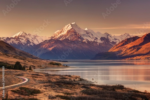 Road to Mount Cook at Sunset, New Zealand