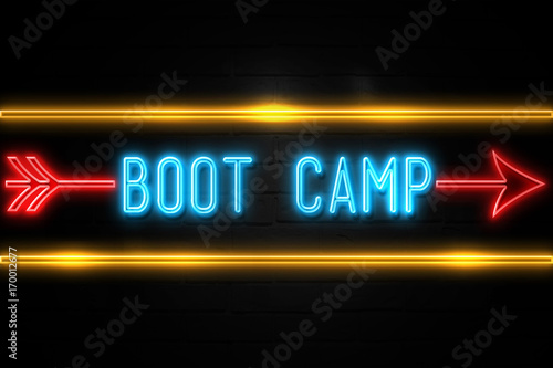 Boot Camp - fluorescent Neon Sign on brickwall Front view