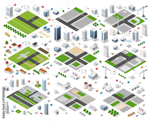 Set of isometric objects and elements for construction and constructing the urban area of the city infrastructure with transport, streets, houses and trees