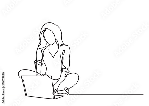 continuous line drawing of woman with laptop