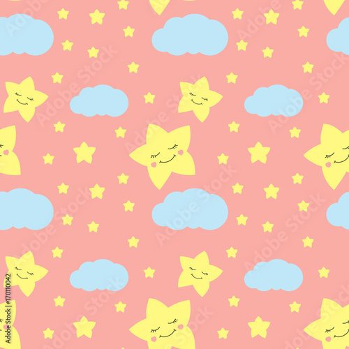 Cute baby star pattern vector seamless. Girl print with eyelash stars and clouds. Pink background for princess birthday card, fabric or wallpaper, baby shower invitation template.