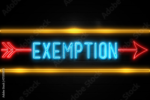 Exemption - fluorescent Neon Sign on brickwall Front view