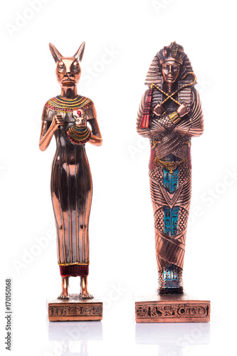 Egyptian cats and pharaon on a white background. Egyptian pharaoh Statue