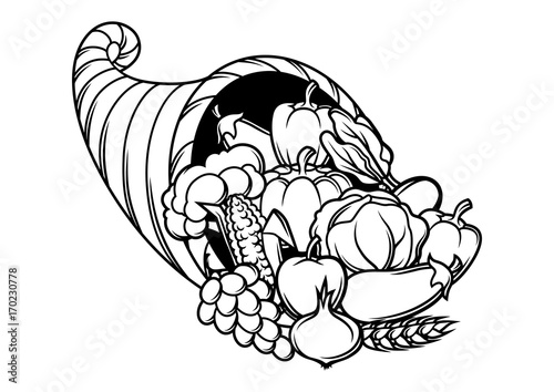 Harvest illustration .Autumn cornucopia with seasonal fruits and vegetables