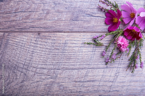 A bouquet of pink and purple flowers cosmea or cosmos with ribbon on rustic wooden boards. Copy space. Mother's, Valentines, Women's, Wedding Day concept