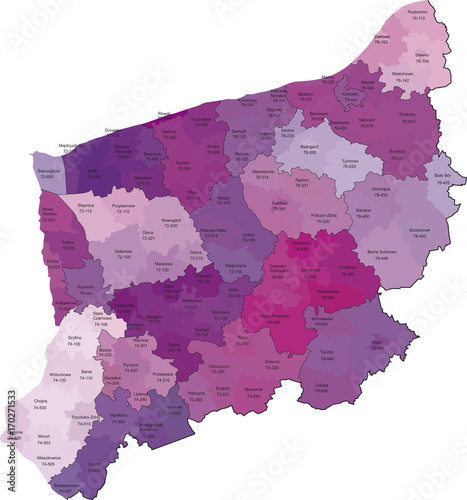 Województwo zachodniopomorskie z kodami pocztowymi i podziałami na gminy i powiaty