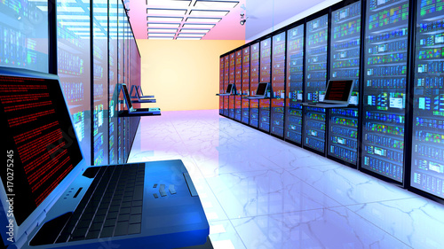 Creative business web telecommunication, internet technology connection, cloud computing and networking connectivity concept: terminal monitor in server room with server racks in datacenter