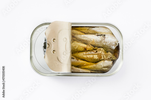 Sardines can preserve isolated on white background Top view