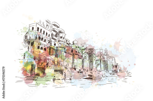 Watercolor sketch of Ganga Ghat Varanasi India in vector illustration.