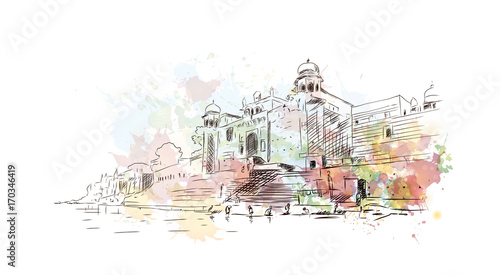 Watercolor sketch of Ganga Ghat Varanasi India in vector illustration.