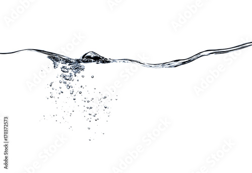 Blue flowing water wave and bubbles isolated on white