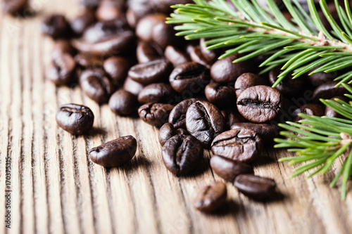 Coffee beans with fir-tree branch on wooden background.