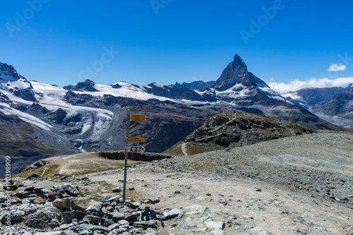 Directions on hiking trail near Matterhorn, Swiss Alps, Switzerland