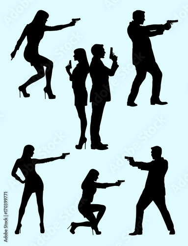 Detective, police, security, secret agent gesture silhouette 01. Good use for symbol, logo, web icon, mascot, sign, or any design you want.