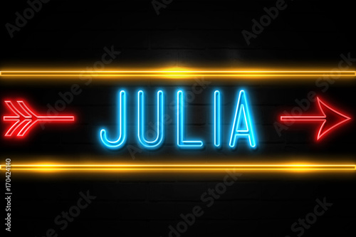 Julia - fluorescent Neon Sign on brickwall Front view