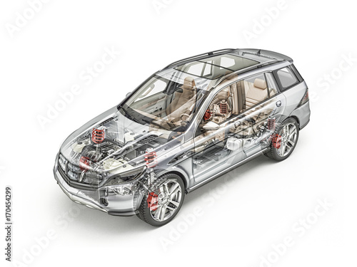 Generic Suv car detailed cutaway 3D rendering. Hard look.