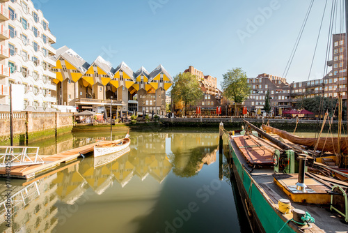 View on the Oude haven historical centre of Rotterdam city during the sunny weather