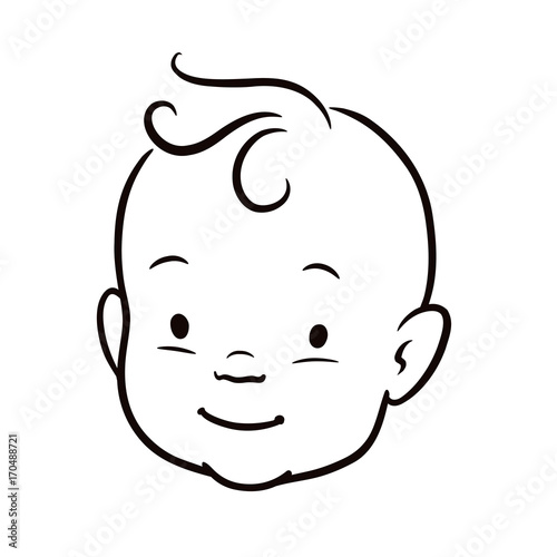 Black and white simple line vector cartoon illustration of a smiling baby face. Pen and ink hand drawing.