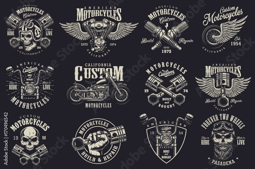 Set of vintage custom motorcycle emblems, labels, badges, logos, prints, templates. Layered, isolated on dark background Easy rider