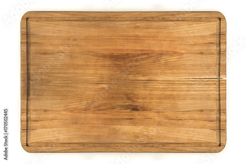 Top view of pine wooden cutting board isolated over white background