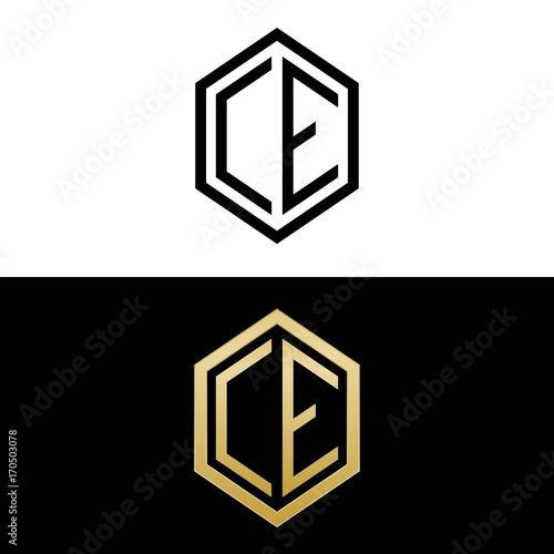 initial letters logo ce black and gold monogram hexagon shape vector