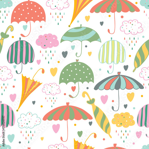 Vector pattern with umbrella and rain drop. Seamless fabric background. Beautiful abstract pattern, season illustration
