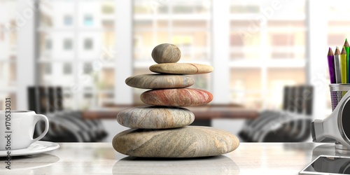 Zen stones stack on a desk, office background. 3d illustration