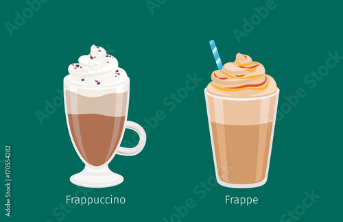 Frappuccino and Frappe in Glass Cups on Green