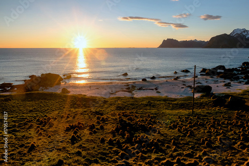 Scenic view of beautiful midnight sun in Norway.