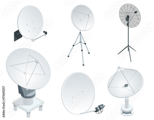 Isometric set Satellite dish antennas on white. Wireless communication equipments.