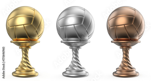 Gold, silver and bronze trophy cup VOLLEYBALL 3D