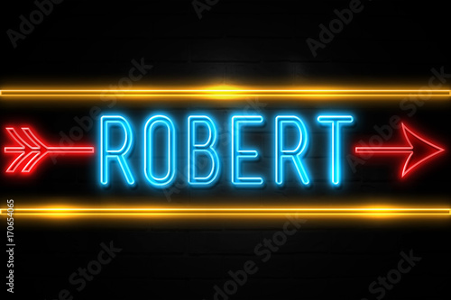 Robert - fluorescent Neon Sign on brickwall Front view