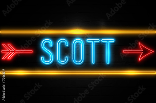 Scott - fluorescent Neon Sign on brickwall Front view