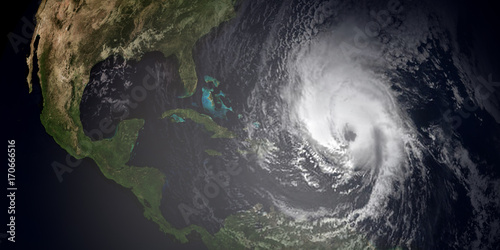 Extremely detailed and realistic high resolution 3d illustration of hurricane irma hitting the Caribbean Islands. Shot from Space. Elements of this image are furnished by Nasa.