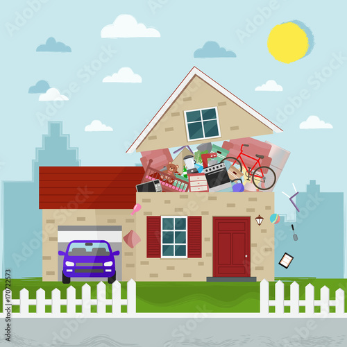 The concept of excessive consumption. House bursting of stuff. Vector illustration.