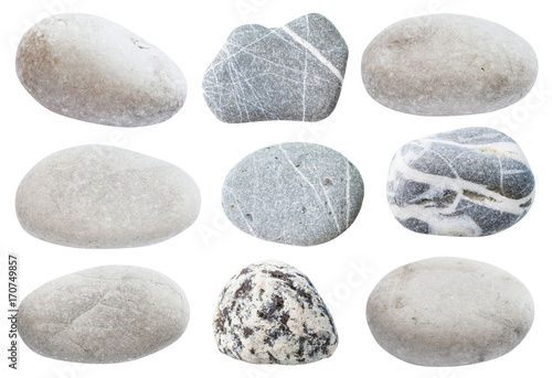 set of various gray natural sea pebble stones