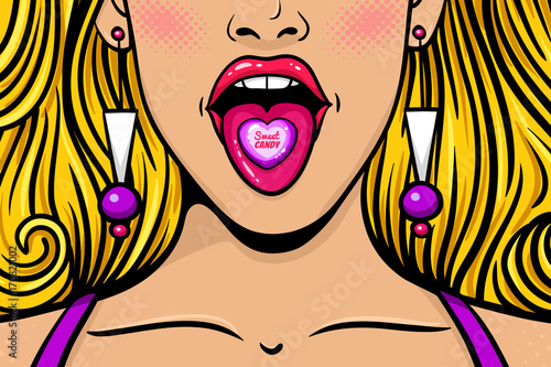 Closeup of sexy young woman with long blonde hair, wide open mouth, bright candy on her tongue with Sweet Candy text. Vector colorful background in pop art retro comic style. Advertising poster.