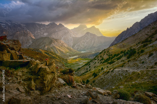 Sunset landscape of beautiful rocky Fan mountains in Tajikistan