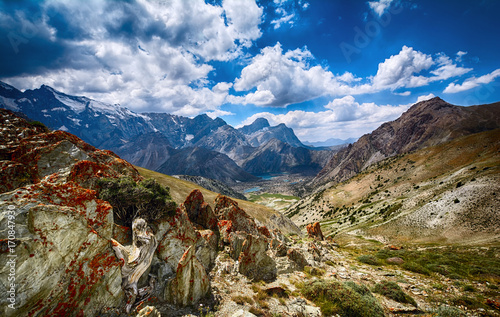 Landscape of beautiful rocky Fan mountains and Kulikalon lakes in Tajikistan