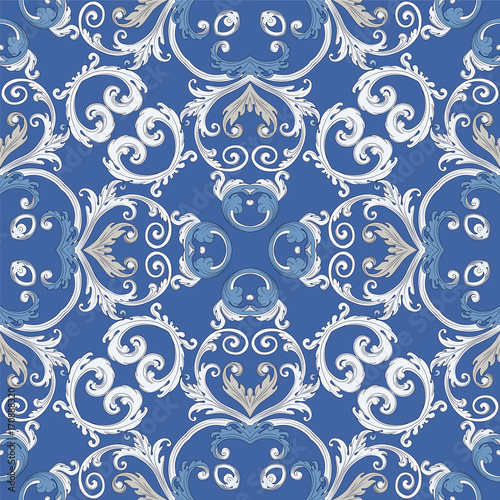 Symmetric seamless blue pattern. Decorative background in Baroque style. The rich decor of the shapes and lines for design of cloth or paper. Vector illustration.