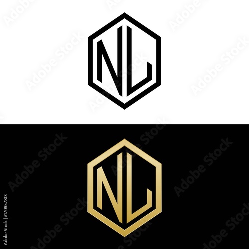 initial letters logo nl black and gold monogram hexagon shape vector
