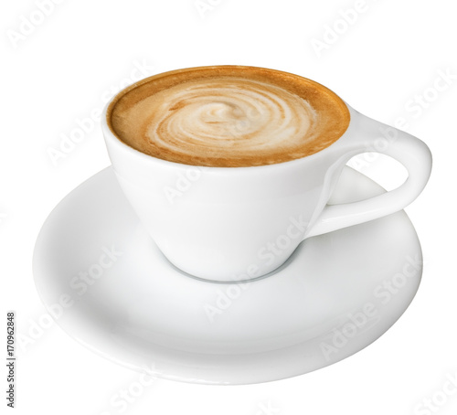 Hot coffee latte cappuccino spiral foam isolated on white background, clipping path included