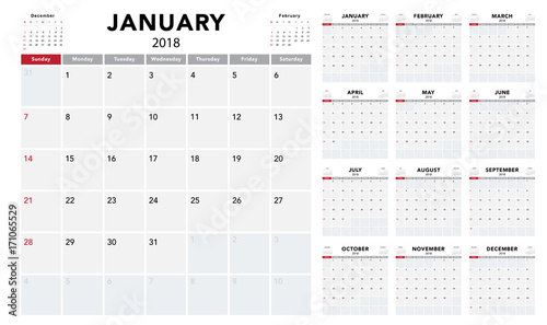 Calendar 2018 template design. Week starts from Sunday